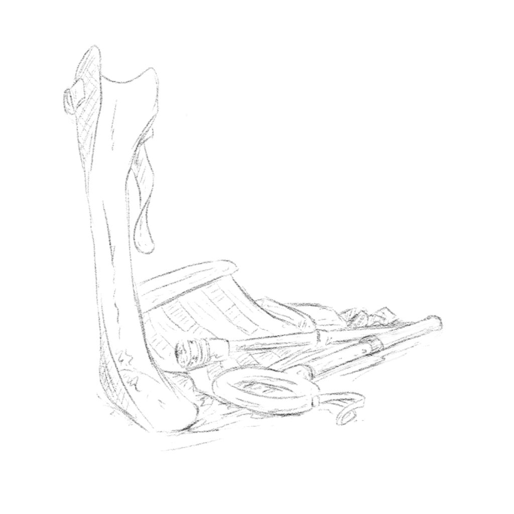 A pencil drawing showing an orthotic foot drop brace, a folded walking stick, a back brace and a velcro foot-drop splint